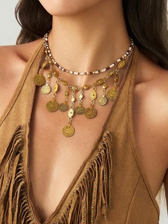 Jewelry - Boho Coin Charm Necklace Layered Beaded Chunky Gypsy